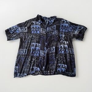 Vintage 3XL Hawaiian Aloha Shirt Blue Black Tribal Primitive Art Rayon No Tag